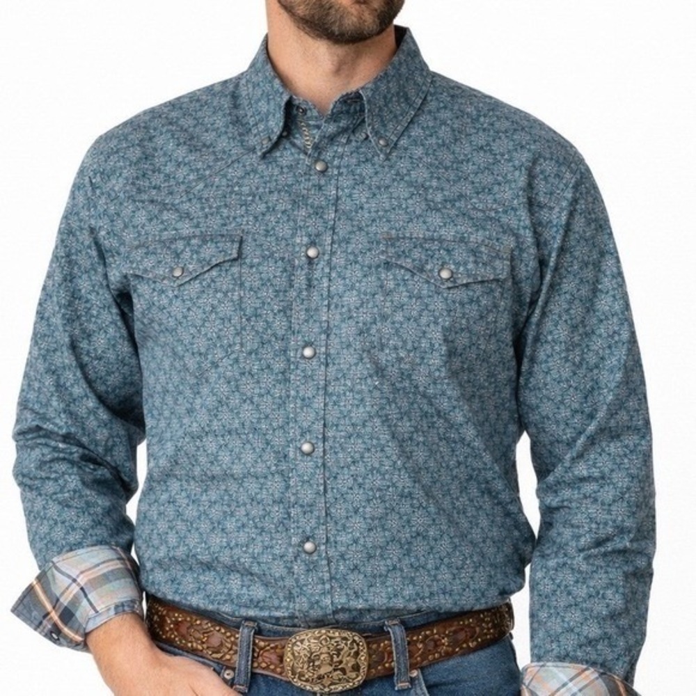 Roper Western Shirt 2XL Tall Pearl Snap Turquoise Geometric‎ Plaid Cowboy Rodeo